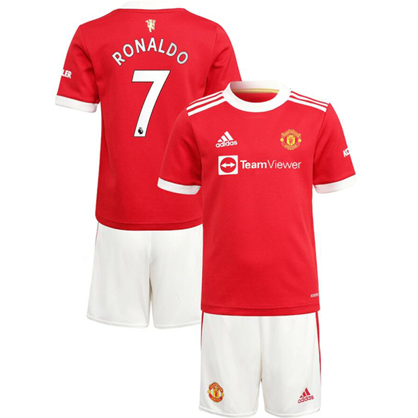 2021/22 Manchester United Kids Home Soccer Youth Kits Shirt With Shorts Ronaldo #7